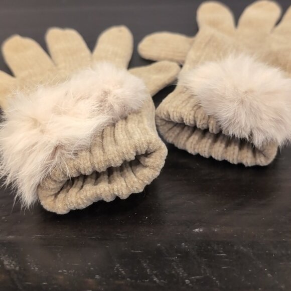 3/$20 LAURA Chenille Winter Gloves Faux Mink Fur Pom Poms Ribbed Acrylic Knit - Picture 5 of 11